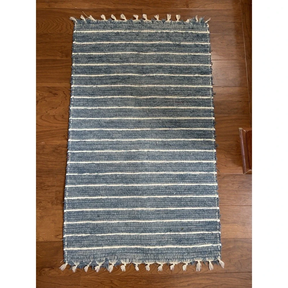 Vintage Braided Woven Striped Rag Rug Blue And Cream 40